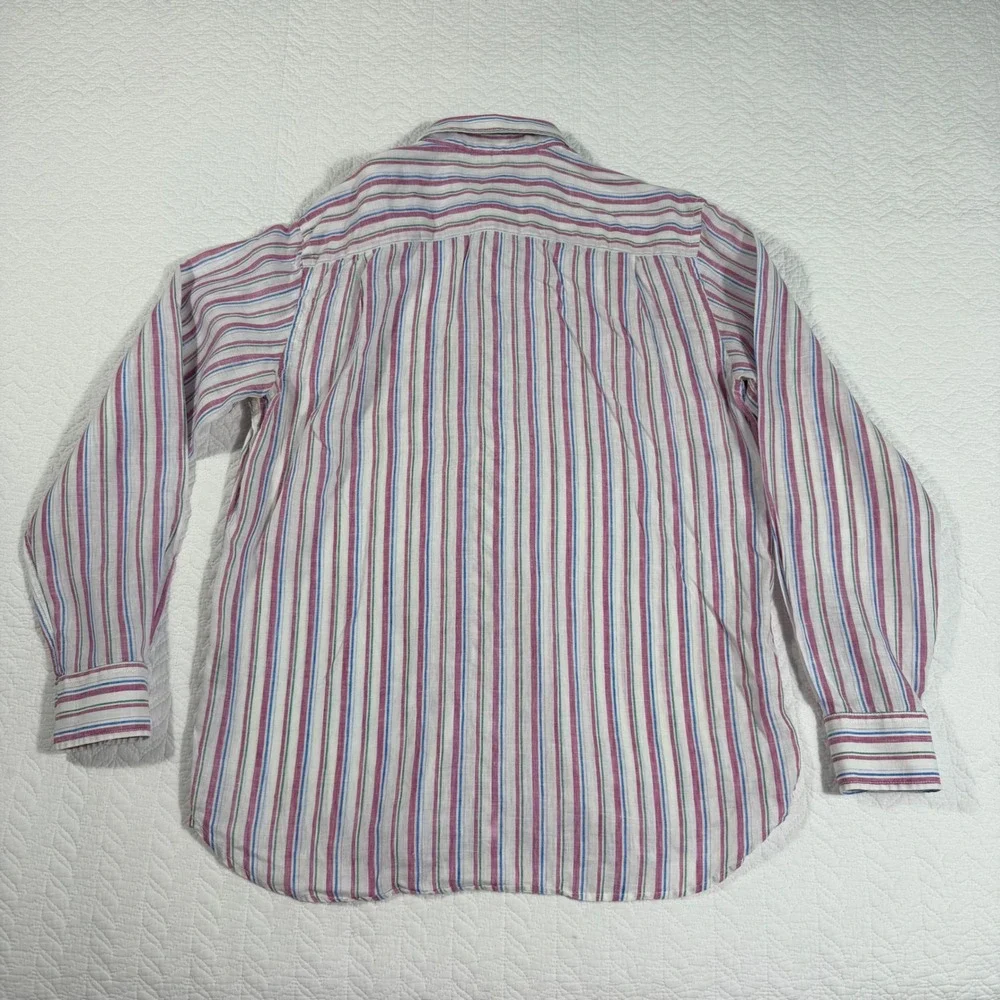 Façonnable Club Button Up Shirt Mens L Stripe 100% Linen‎ Elbow Patch Preppy EUC